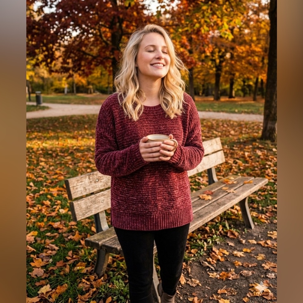 Pink Rose Burgundy Chenille Sweater Women’s Large Plus Velvet Knit Pullover